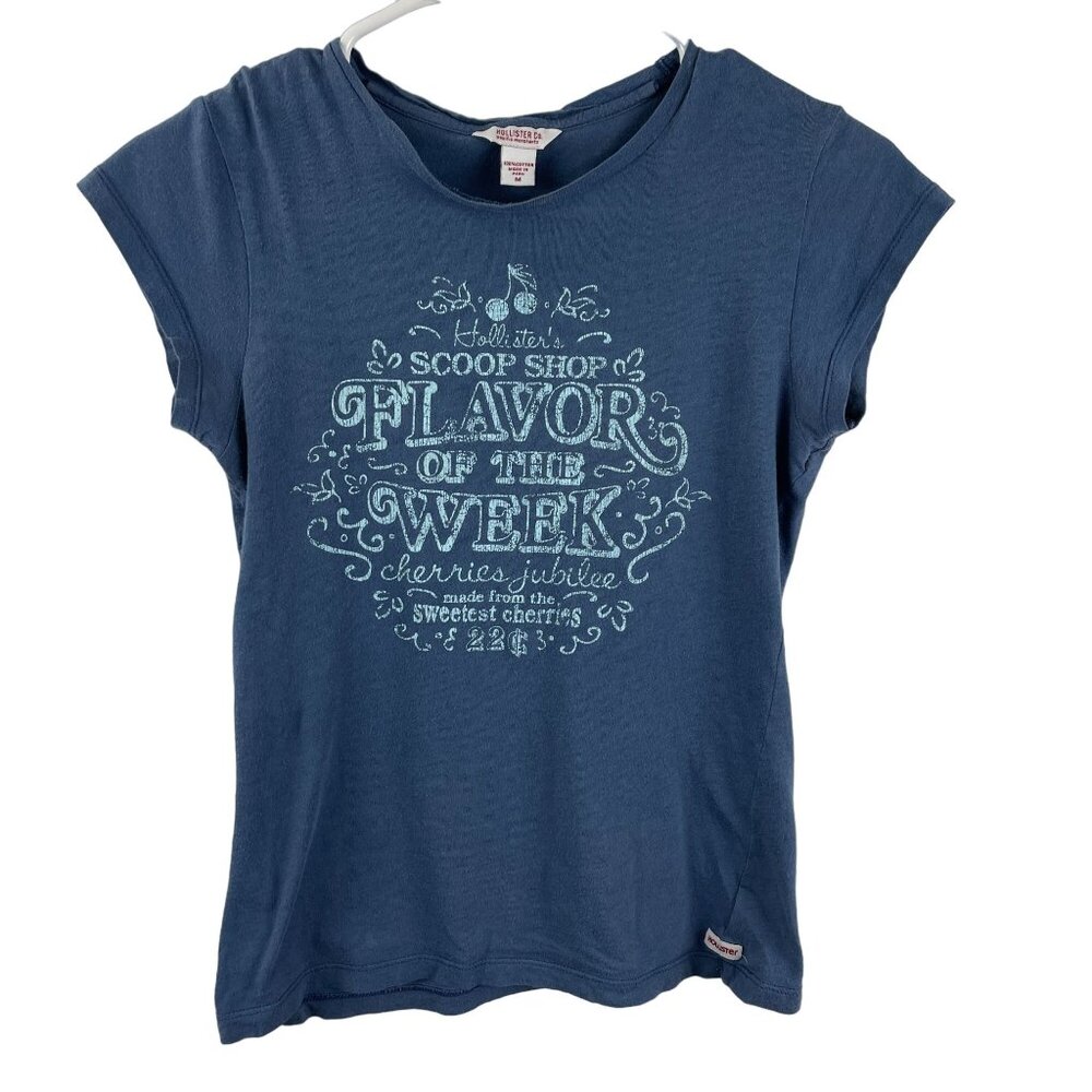 Hollister Flavor Of Week T Shirt Womens M Blue Graphic Vintage‎ Y2K Short Sleeve